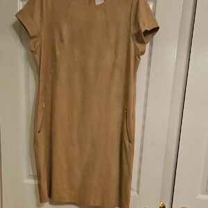 Elegant Tan Faux Suede Dress With Front Zipper Detail Size 12